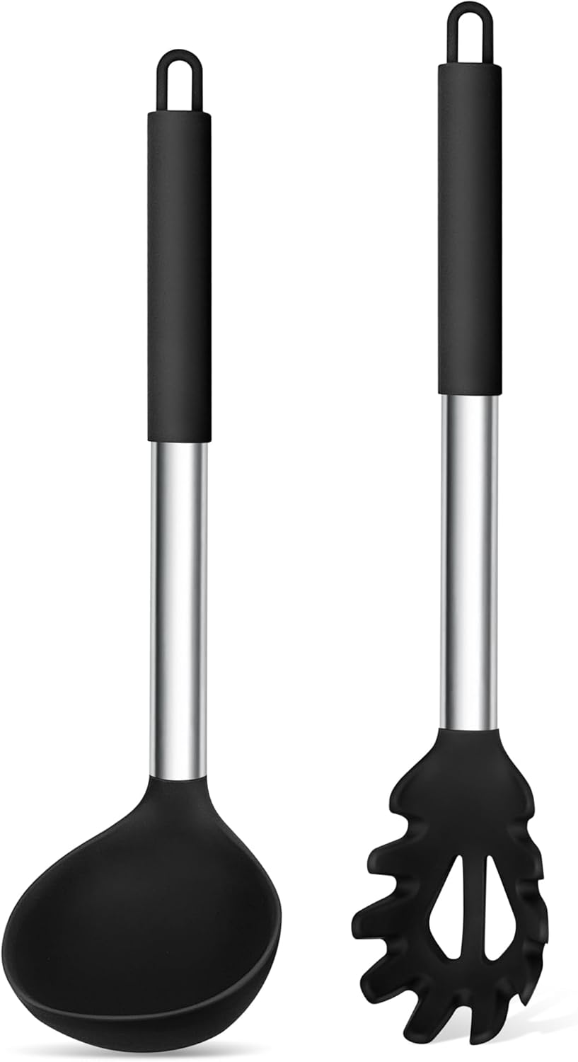 TeamFar Silicone Pasta Fork and Ladle Spoon Set, 2 Pcs Large Nonstick Kitchen Utensils with Stainless Steel Handle for Cooking, Draining, Serving Soup, Sauce, Spaghetti, Healthy & Heat-Proof, Black