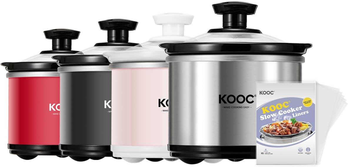 KOOC Small Slow Cooker, 0.65-Quart, Free Liners Included for Easy Clean-up, Upgraded Ceramic Pot, Nutrient Loss Reduction, Stainless Steel, Silver, Round
