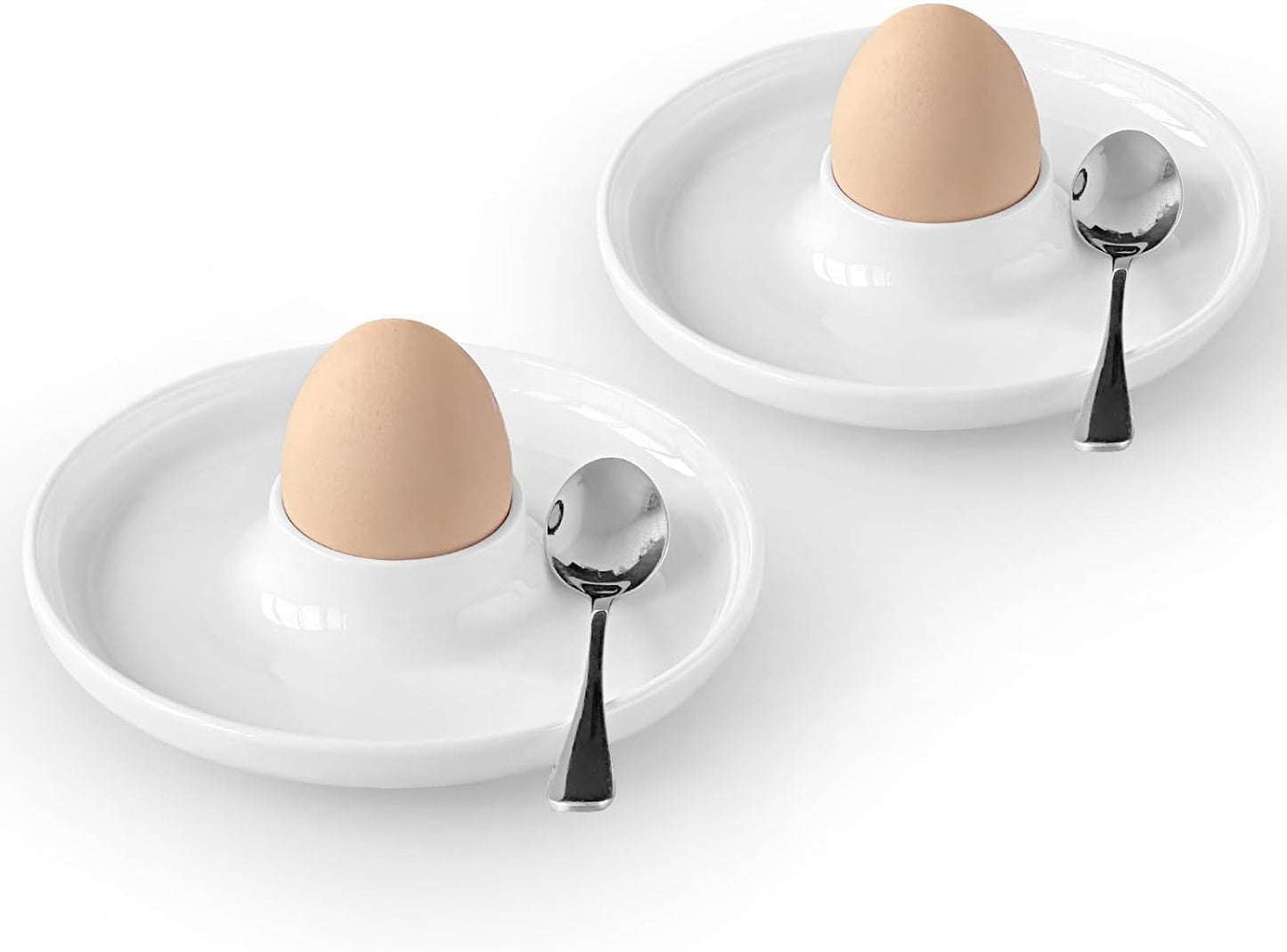 Cinf EggHolder & Spoon Set 2 Ceramic Egg Holders + 2 SS Spoons Breakfast Plate White 5.5'' Food Container Egg Tray Dinner Serving for Hard Boiled Eggs, Easter & Deserts Kitchen