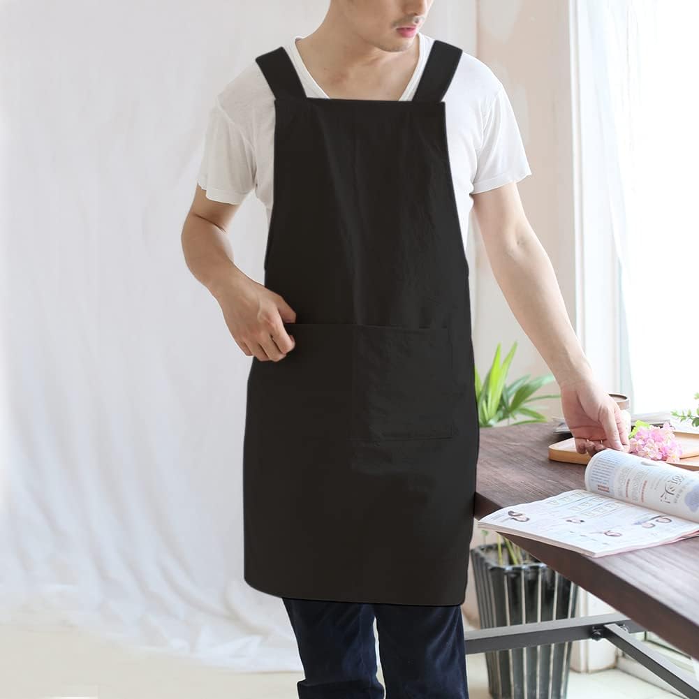 NEWGEM Japanese Linen Cross Back Cooking Aprons for Women Men with Pockets Cute for Baking Kitchen