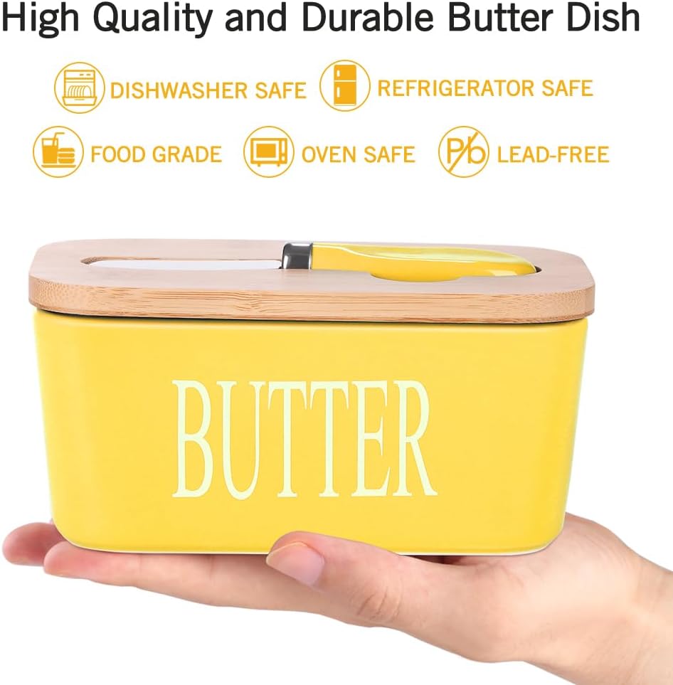 Ceramic Butter Dish with Wooden Lid, Large Butters Container Keeper Storage with Stainless Steel Knife Spreader, Bamboo Cover and Silicone Sealing Ring for West East Coast, Yellow
