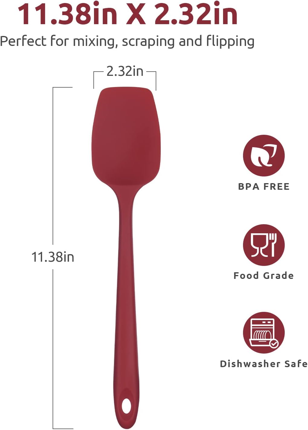 Heat Resistant Silicone Spoon Spatula: U-Taste 600ºF High Heat Flexible 11.38in Silicon Mixing Stirring Cooking Scraping Baking Bowl Scraper Seamless Spreader for Nonstick Cookware (Red)