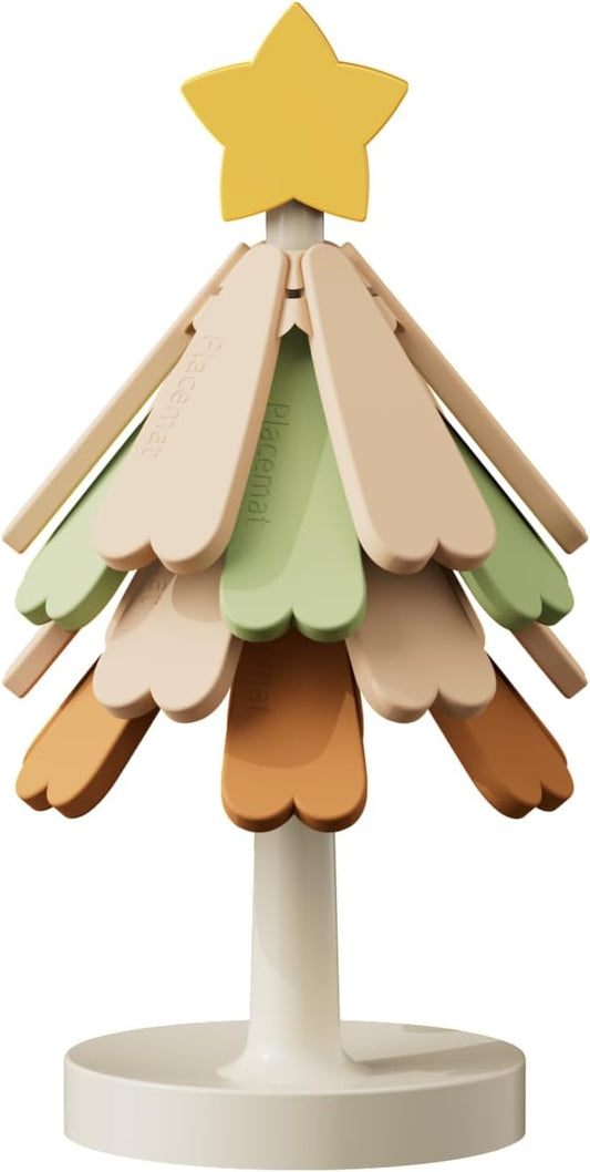 Christmas Tree Silicone Hot Pad, 4-Pack Heat Resistant Trivet for Pots and Pans, Holiday Kitchen Potholder, Coaster, Christmas Table Decor (Four Layers of Yellow and Green Color + Stars)