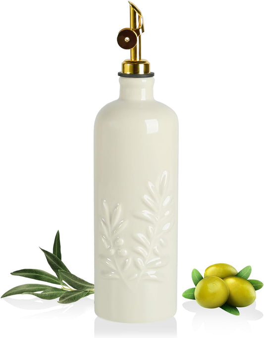 Sweejar 18 Oz Oil Dispenser for Kitchen with Gravity Spout, Ceramic Olive Oil Dispenser Bottle, Relief Opaque Vinegar Container for Evoo, Vinegar, Soy Sauce, Pack of 1(Beige, Gold Spout)