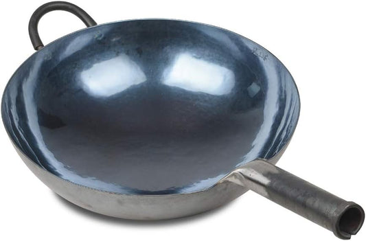 臻三环 ZhenSanHuan Chinese Hand Hammered Iron Woks and Stir Fry Pans, Non-stick, No Coating, Carbon Steel Pow (36CM, BlueBlack Seasoned with help handle)