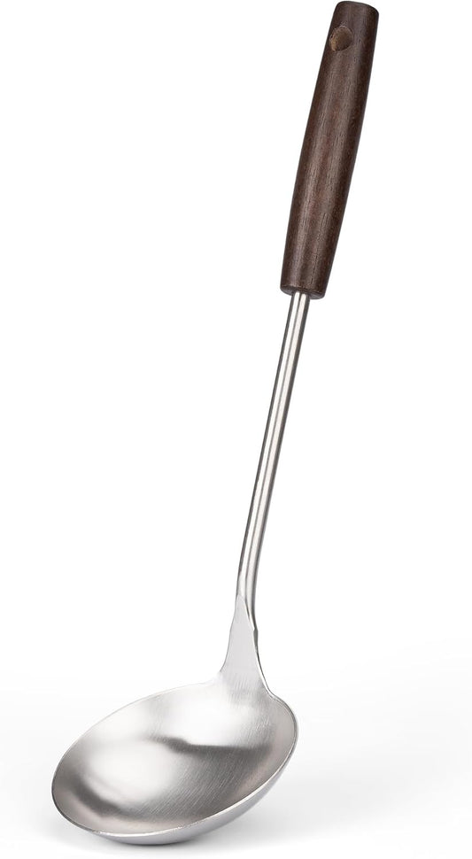 FJNATINH Soup Ladle, Stainless Steel Ladle with Heat Resistant Wooden Handle, Food Grade Metal Cooking Soup Spoon Kitchen Tools, Easy to Clean