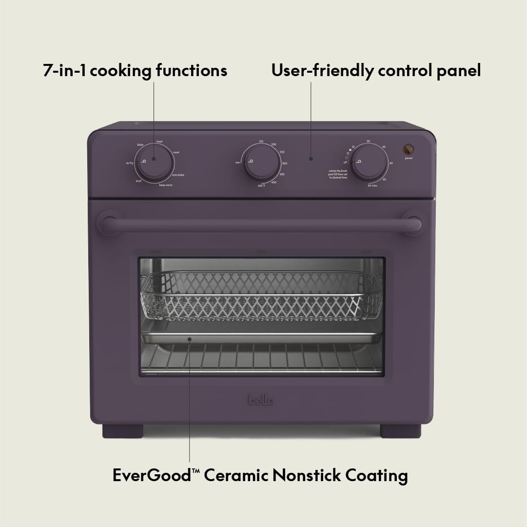 bella Air Fry Toaster Oven, 7 Preset Cooking Options, Dishwasher-Safe EverGood Coated Trays Included, 60-Minute Auto Shutoff w Audible Timer, Power Indicator Light, 1700 Watt, Plum
