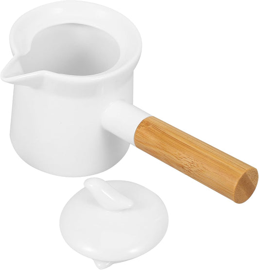 Ciieeo Enamel Milk Pot 350ml Mini Butter Warmer Non-stick Milk Heating Pot Small Enamelware Saucepan with Wood Handle and Lid for Heating Liquid Portions White