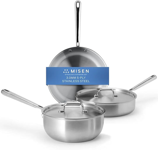 Misen 5-Ply Stainless Steel Cookware Set - Versatile, Dishwasher Safe - 5-Piece Set - 10" Skillet, 3 QT Saute Pan + Lid, 3 QT Saucier + Lid