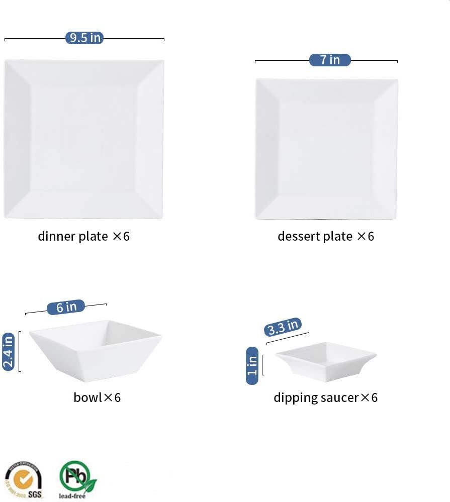 Porlien 24-Piece Classic Square Dinnerware Set for 6-Off White Plates