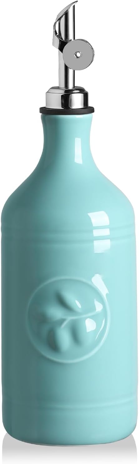 Sweejar 16 Oz Ceramic Olive Oil Dispenser Bottle, Oil Dispenser for Kitchen with Gravity Spout, Relief Opaque Oil Container for Evoo, Avocado Oil, Vinegar, Soy Sauce, 1 Pack(Turquoise, Silver Spout)