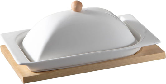 HAN SHENG Ceramic Butter Dish with Bamboo Tray & Lid - Butter Keeper Holder for Countertop, Fits East/West Coast & Large Sticks, Kitchen & Table Decor Gift