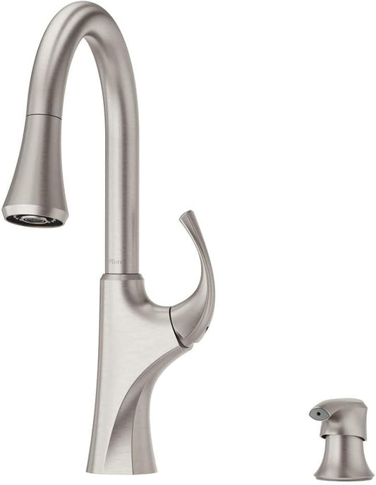 Pfister Miri Kitchen Faucet with Pull Down Sprayer and Soap Dispenser, Single Handle, High Arc, Spot Defense Stainless Steel Finish, F5297MRGS