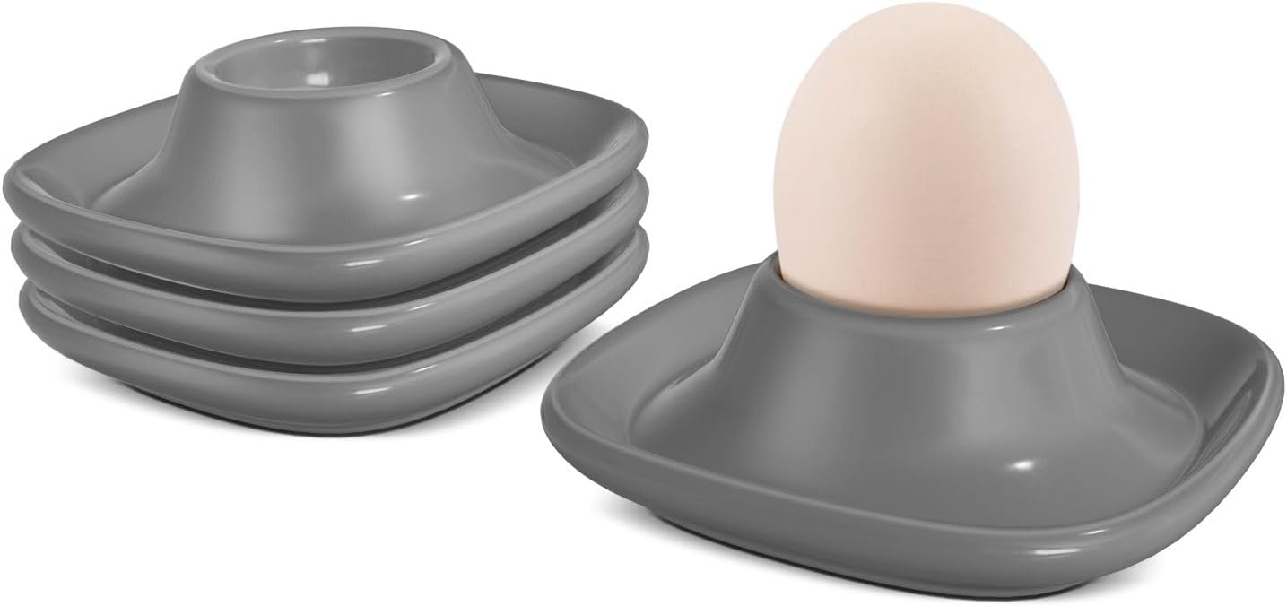 Flexzion Soft Boiled Egg Holder Set - 4-Piece Gray Ceramic Egg Cup, Stackable Egg Coddler Cups with Base for Serving, Breakfast, Brunch - Kitchen Table Decor, Gray