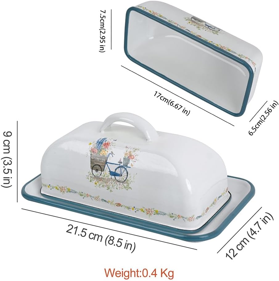 Enamel Butter Dish with Lid Vintage Enamelware Butter Keeper with Flower and Bird Patterns Farmhouse Butter Container Butter holder for Countertop Kitchen Decor Blue