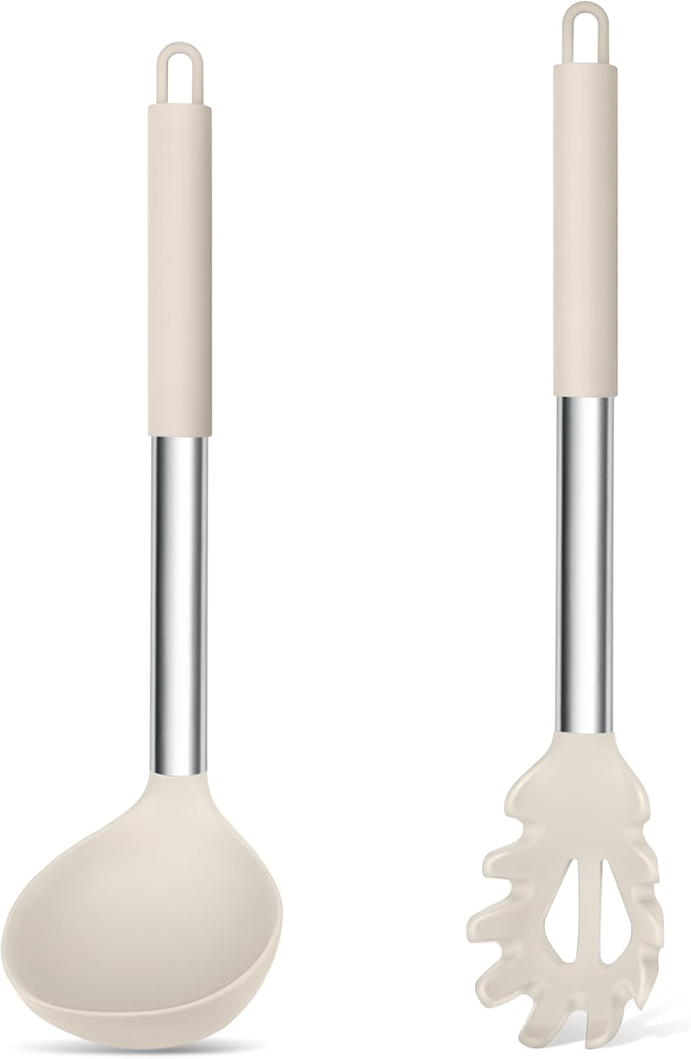 TeamFar Silicone Soup Ladle and Pasta Fork Set, 2 Pcs Large Nonstick Kitchen Cooking Utensils with Stainless Steel Handle for Draining, Serving Soup, Sauce, Spaghetti, Non-Toxic & Heat-Proof, Khaki