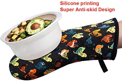 Oven Mitts Gloves 1 Pair Heat Resistant 480 ℉ Non Slip Clear Silicone Printed Rooster Comfortable Cotton Lining Kitchen Men Cooking Barbecue Machine Washable (Rooster, Black Mittens)