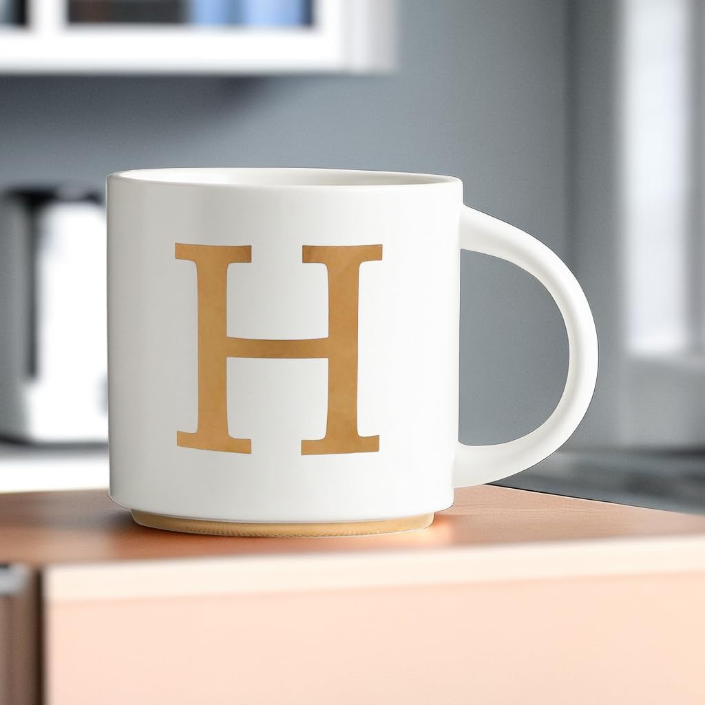 COLLECTIVE HOME - Monogram Ceramic Mugs, 15 oz Golden Initial Coffee Cups, Elegant Alphabet Tea Mugs, Elegant Personalized Mug with Gift Box, Unique Mug with Double Side Capital Letter (H)