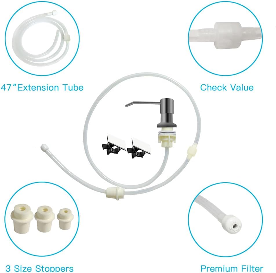 Dish Soap Dispenser for Kitchen Sink, Countertop Sink Soap Dispenser Water Pump with 47” No-Spill Extension Tube Kit Design for Kitchen Bathroom, No More Refills （Gray）