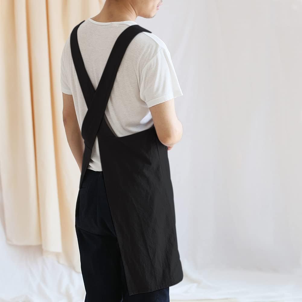 NEWGEM Japanese Linen Cross Back Cooking Aprons for Women Men with Pockets Cute for Baking Kitchen
