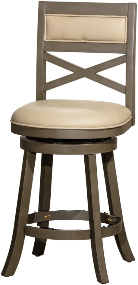 DTY Indoor Living Meeker 24 Inch Counter Height Bar Stools with Backs - Wooden Swivel Counter Stools for Kitchen Island - French Gray Leather Seat, Solid Wood Frame, Weathered Gray Finish