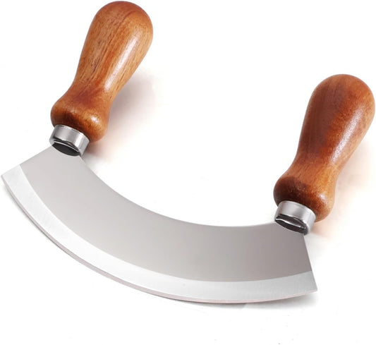 5.4 Inch Stainless Steel Mezzaluna Knife - Salad Chopper Rocker Pizza Cutter Rocker Knife Curved Blade Sharp Blade Double Acacia Wood Handle Fruit Vegetable Mincing (5.4 Inch Silver)