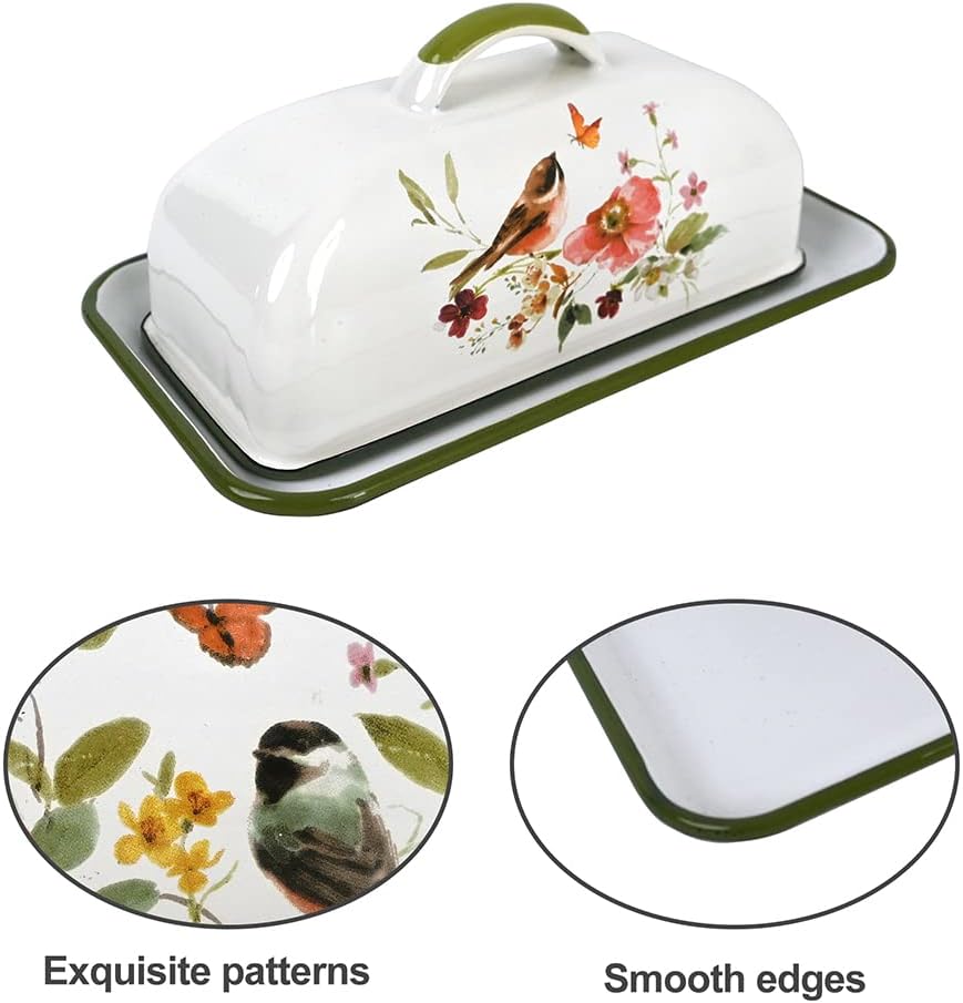 Enamel Butter Dish with Lid Vintage Enamelware Butter Keeper with Flower and Bird Patterns Farmhouse Butter Container Butter holder for Countertop Kitchen Decor