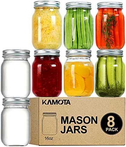KAMOTA Mason Jars 16 OZ With Regular Lids and Bands, Ideal for Meal Prep, Jam, Honey, Wedding Favors, Shower Favors, Baby Foods, DIY Magnetic Spice Jars, 8 PACK, 10 Whiteboard Labels Included