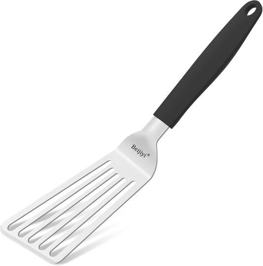 Beijiyi 13.3" Fish Spatula Stainless Steel, Fish Turner with Silicone Handle and Beveled Edge, Thickened Metal Kitchen Slotted Spatula for Cast Iron Skillet Cooking, Flipping and Grilling