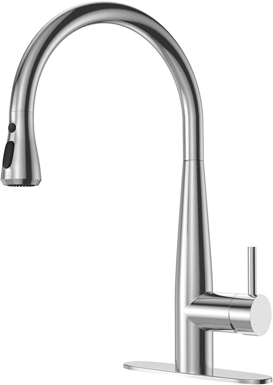 High Arc Pull Out Kitchen Faucet, Brushed Nickel Faucet, 1 or 3 Holes Kitchen Sink Bar Faucets with Pull Down Sprayer
