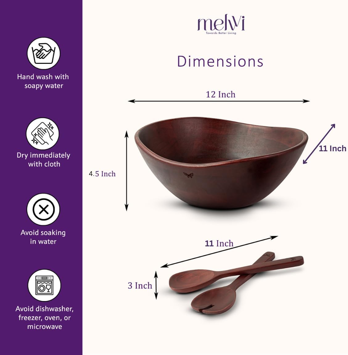 Melvvi Large Wooden Salad Bowl Set with 2 Small Bowls and 2 Serving Utensils | 12" & 6" Acacia Wood Bowls for Food | Great Gift for Kitchen & Dining (Natural Set of 5) (Royal Set of 3)