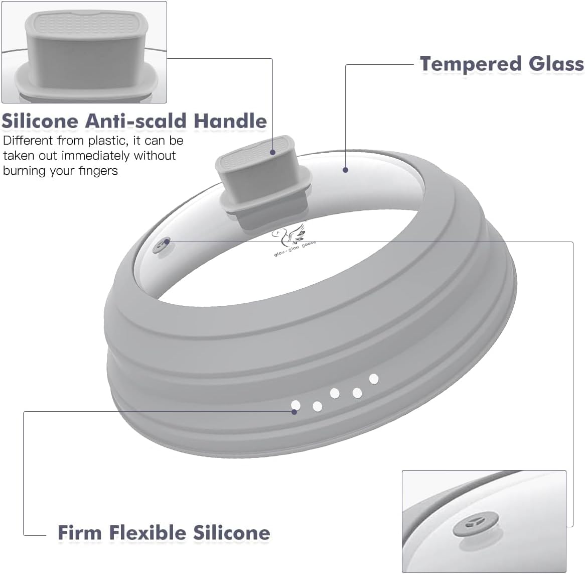 Microwave Splatter Cover Glass Cover Guard Lid with Collapsible Silicone for Food Pot Plate Cover 11.8 inch Light Grey