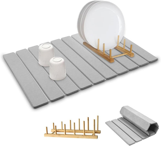 Stone Dish Drying Mats for Kitchen Counter,24×16 IN,Foldable Dish Drying Mat,Equipped Dish Rack，Strong Water Absorption，Diatomaceous Earth Material，Suitable for Plates,Cups and Any Kitchen Utensils