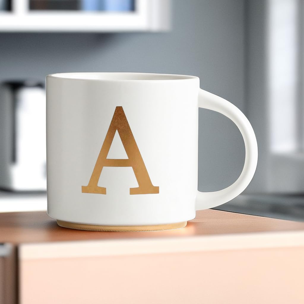 COLLECTIVE HOME - Monogram Ceramic Mugs, 15 oz Golden Initial Coffee Cups, Elegant Alphabet Tea Mugs, Elegant Personalized Mug with Gift Box, Unique Mug with Double Side Capital Letter (A)