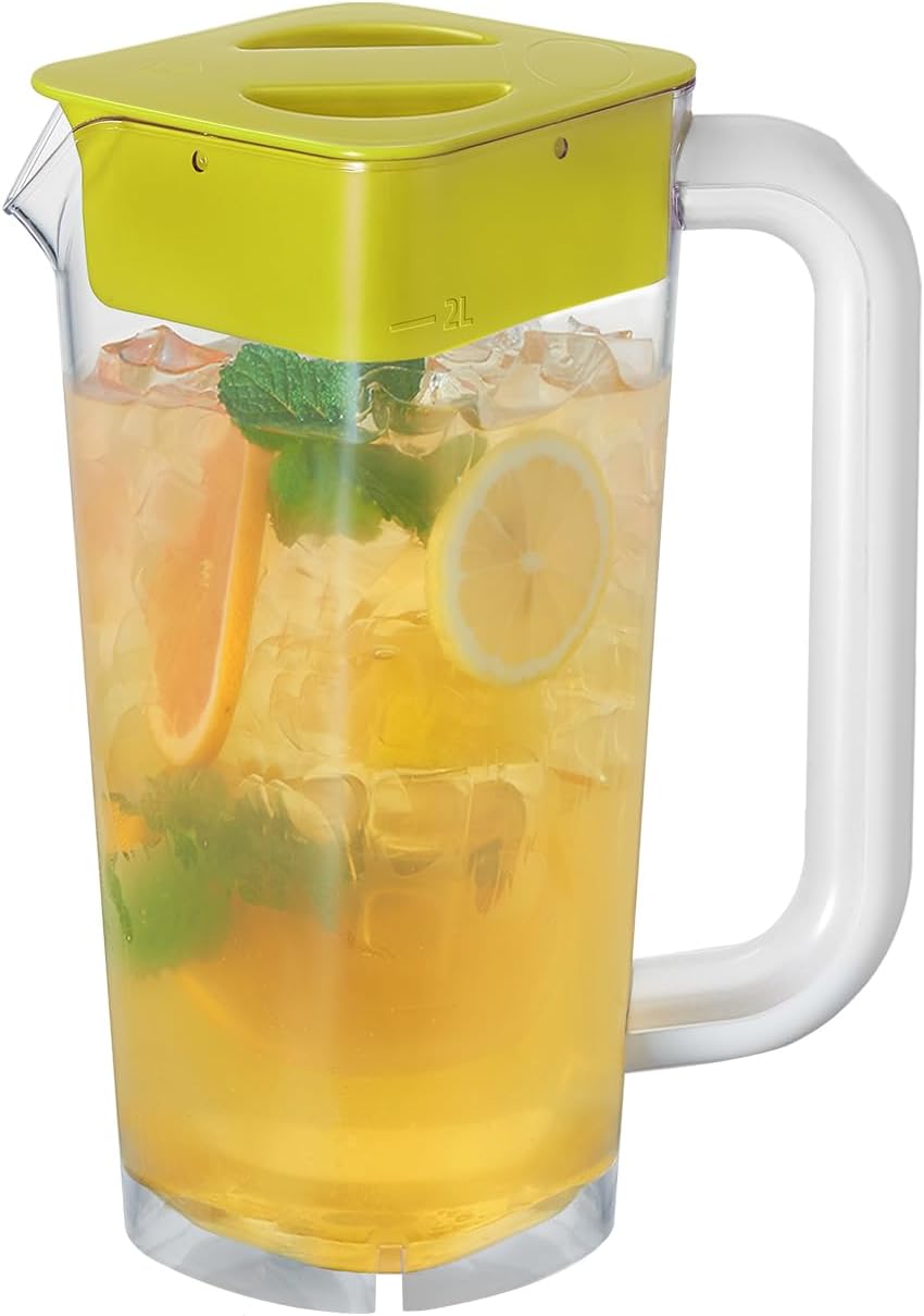CURTA 1 Pack 2 Liters/68 oz Plastic Square Pitcher with Lid & Handle for Kitchen,ICED JUICE and Coffee Carafe Beverage Serveware, Acrylic Water Jug for Hot/Cold Drinks&lemonade