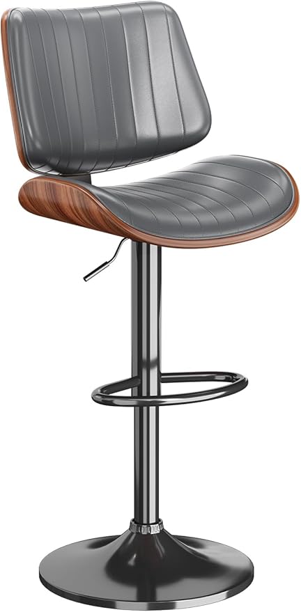 Swivel Bar Stools Set of 1, Adjustable Bentwood Barstools for Kitchen Counter, Modern PU Leather Upholstered Bar Chair with Back and Footrest, for Kitchen Island, Bar, Dining Room, Gray