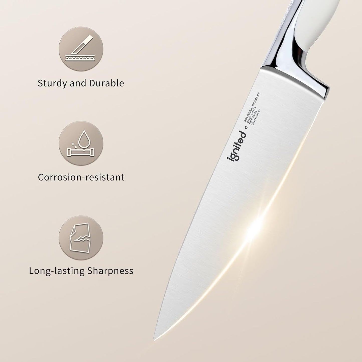 8 inch Mirror Polished Chef Knife, German 1.4116 High Carbon Stainless Steel Chefs Knife with White ABS & Stainless Steel Handle, Razor Sharp Kitchen Knife for Home & Restaurant