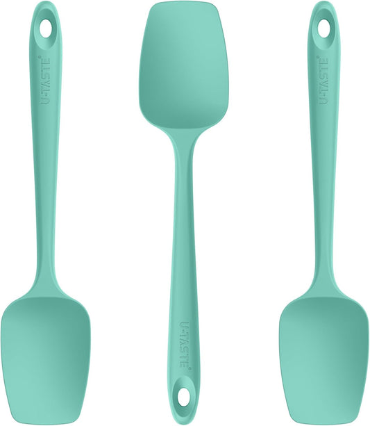 U-Taste Silicone Spoon Spatula Set: 480ºF Heat Resistant Food Grade Flexible Rubber Spoonula, Nonstick Cooking Mixing Scooping Kitchen Baking Scraper Utensils Set of 3 for Pan, Pot, Bowl (Aqua Sky)