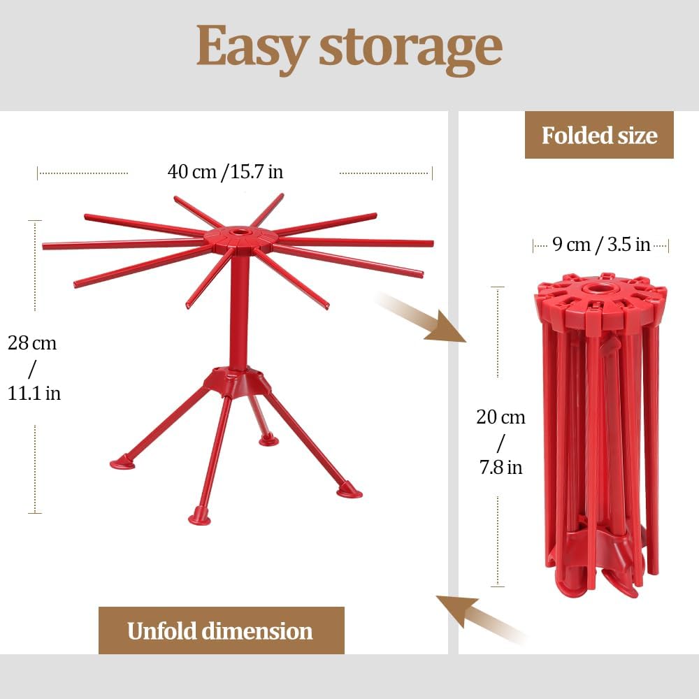 Ourokhome Collapsible Pasta Drying Rack, Plastic Foldable Homemade Fresh Spaghetti Stand Dryer Noodle Hanger for Kitchen with 10 Arms, Stable, Easy Storage, Quickly Set Up (Red)