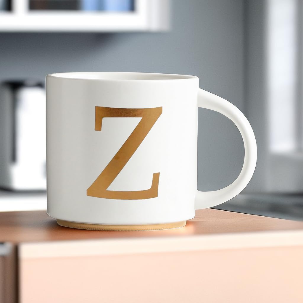 COLLECTIVE HOME - Monogram Ceramic Mugs, 15 oz Golden Initial Coffee Cups, Elegant Alphabet Tea Mugs, Elegant Personalized Mug with Gift Box, Unique Mug with Double Side Capital Letter (Z)