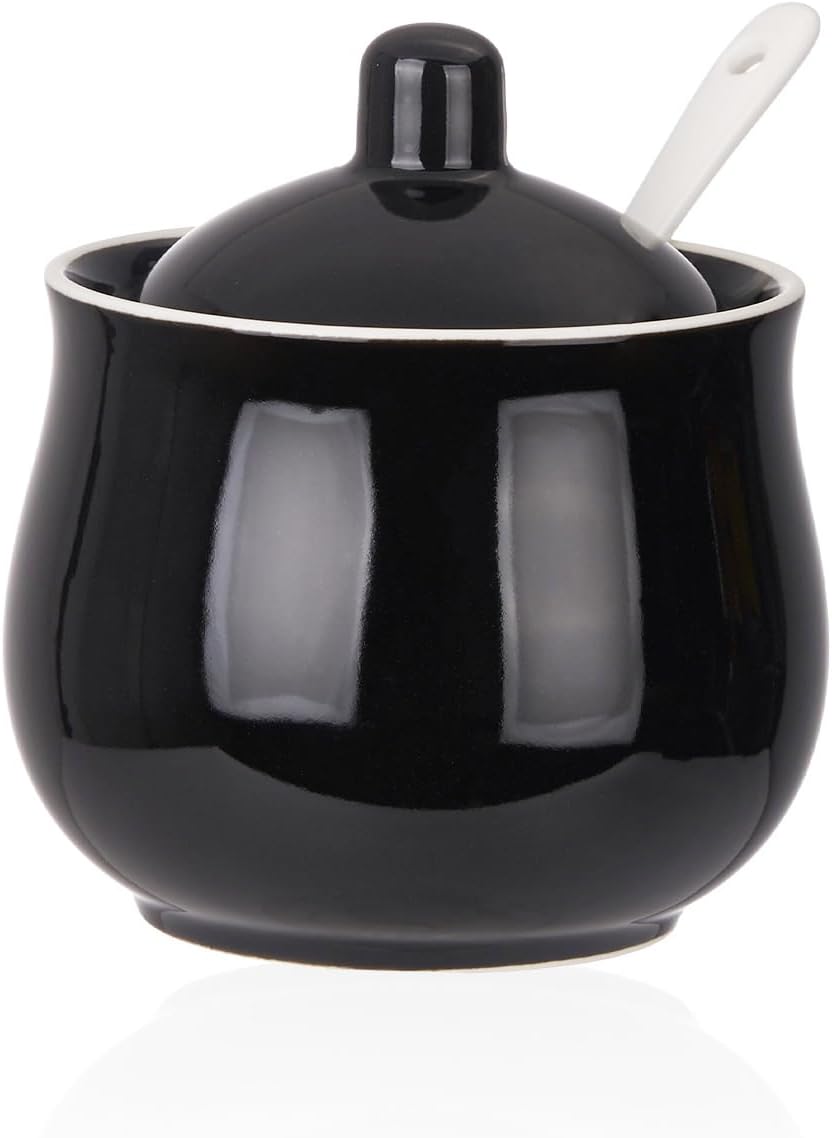 Ceramic Sugar Bowl with Lid and Spoon, Black Porcelain Sugar Salt Pepper Storage Jar, 8 Ounces