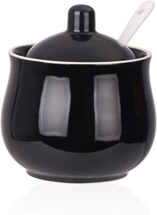 Ceramic Sugar Bowl with Lid and Spoon, Black Porcelain Sugar Salt Pepper Storage Jar, 8 Ounces