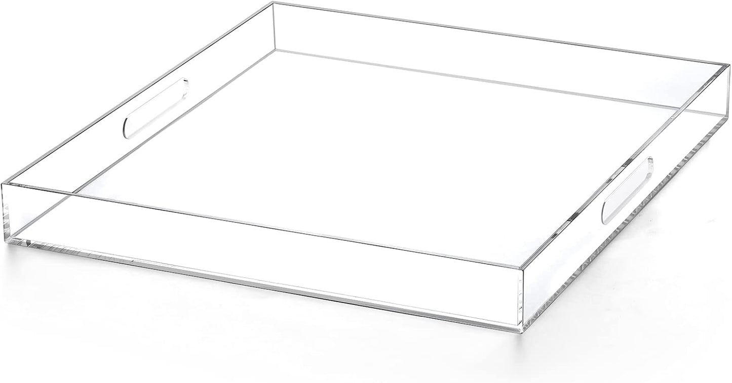Clear extra large Ottoman Tray with Handles 18"x18"x2" Spill proof Acrylic Serving Tray Organizer Tray Decorative safe edge tray For Living Room Entryway Bedroom Kitchen Coffee Table coutertop