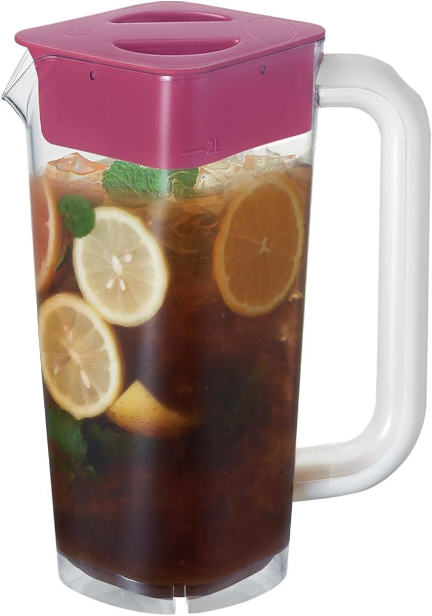 CURTA 1 Pack 2 Liters/68 oz Plastic Square Pitcher with Lid & Handle for Kitchen,ICED JUICE and Coffee Carafe Beverage Serveware, Acrylic Water Jug for Hot/Cold Drinks&lemonade