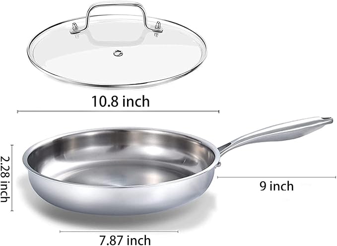 DELARLO Stainless Steel Pan丨10 Inch Skillet with Lid丨Oven Safe Up to 600℉丨Triply Stainless Steel Cookware丨Stainless Steel Pan 10 in丨Induction Compatible丨Fast Even Heat丨Large Cooking Surface