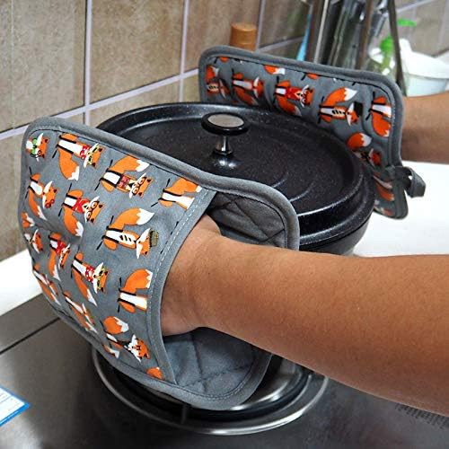 Pot Holders Set of 2 Heat Resistant 480 ℉ Non Slip Clear Silicone Printed Comfortable Cotton Lining Kitchen Women Men Cooking Baking Microwave Machine Washable (Fox, Gray Potholders)