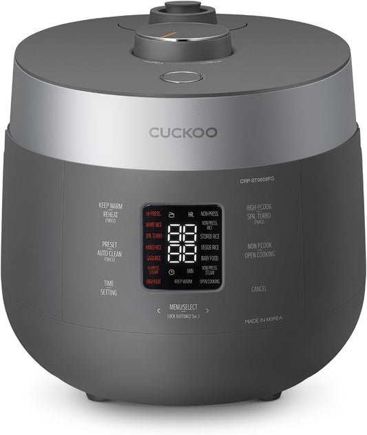 CUCKOO CRP-ST0609FG 6-Cup (Uncooked) / 12-Cup (Cooked) Twin Pressure Rice Cooker & Warmer with Nonstick Inner Pot, 16 Menu Options, 3 Voice Guide, Auto Clean (Gray)