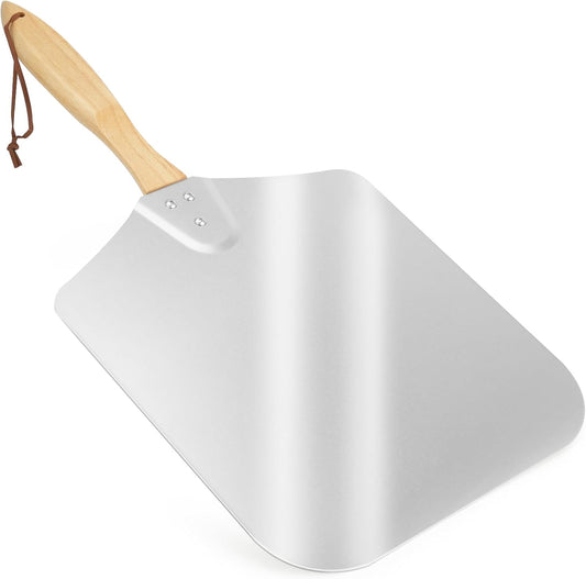 Skyflame Kitchen Supply Aluminum Pizza Peel with Wooden Handle 14-Inch x 16-Inch, Large Pizza Paddle for Baking Homemade Pizza Bread