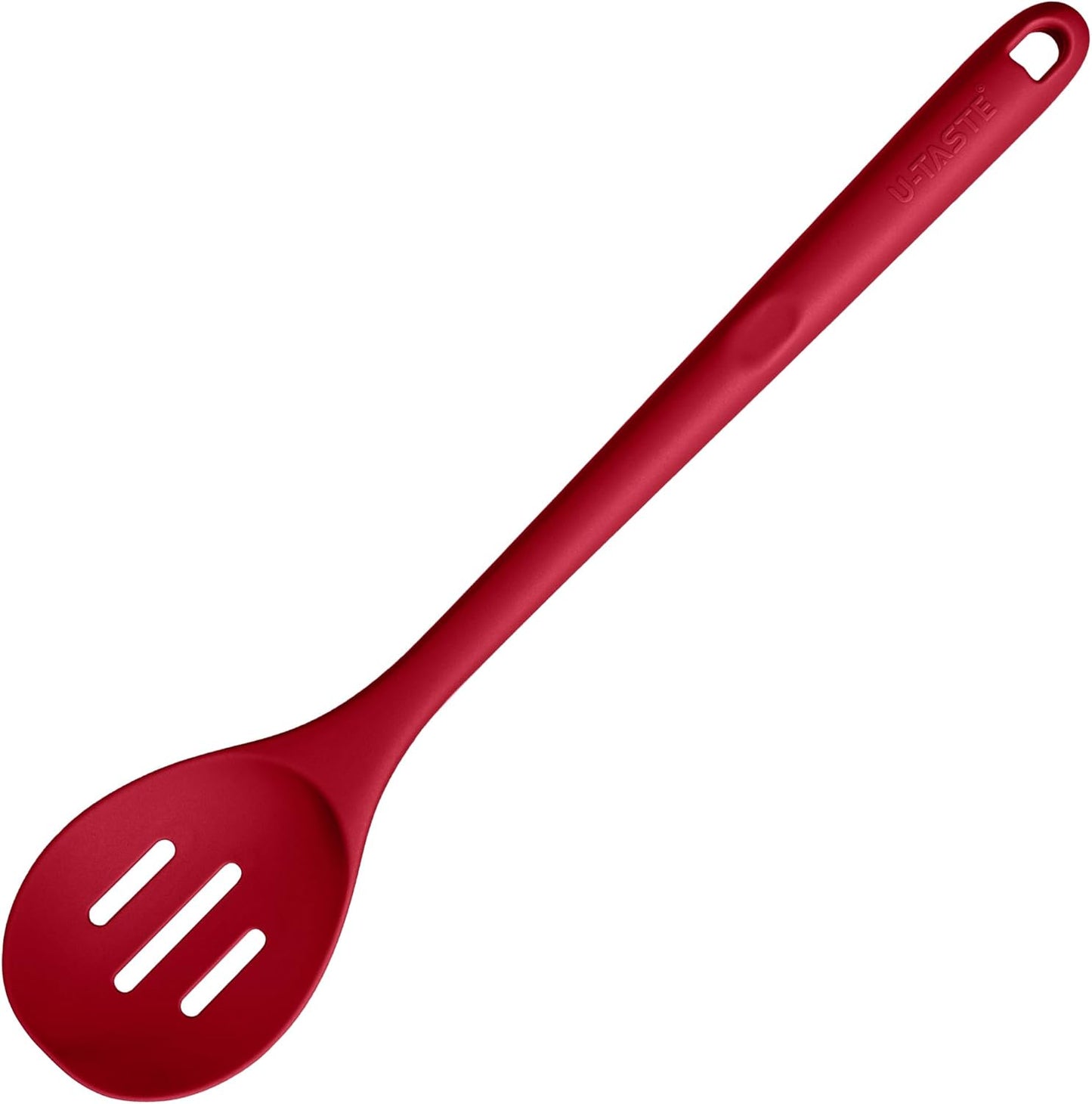 600ºF Heat Resistant Slotted Spoon: U-Taste 13.3in Solid Kitchen Cooking Spoon, Nonstick Food Grade Large & Long Rubber Utensil for Mixing, Serving, Stirring, Basting, Frying, Draining (Red)