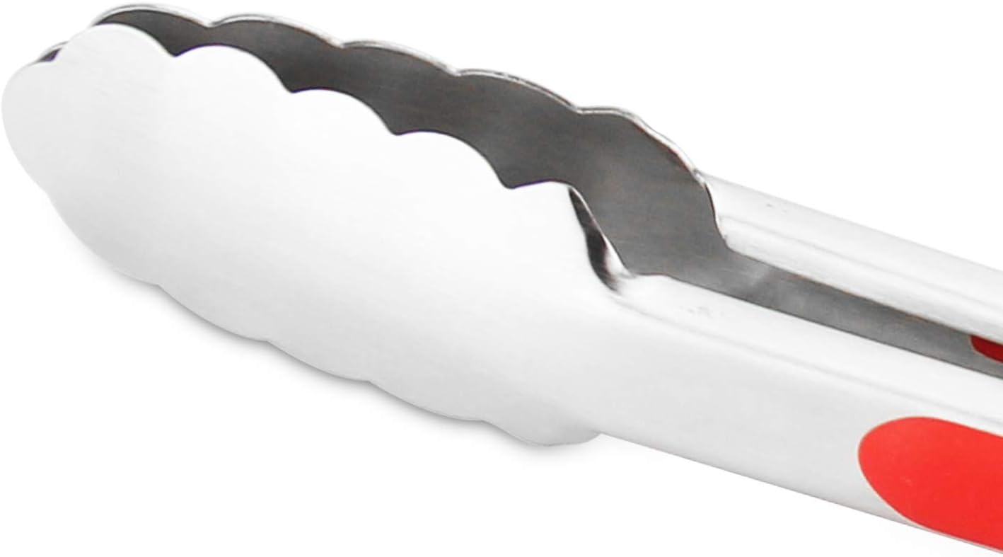 304 Stainless Steel Kitchen Cooking Tongs, 9" and 12" Set of 2 Sturdy Grilling Barbeque Brushed Locking Food Tongs with Ergonomic Grip, Red